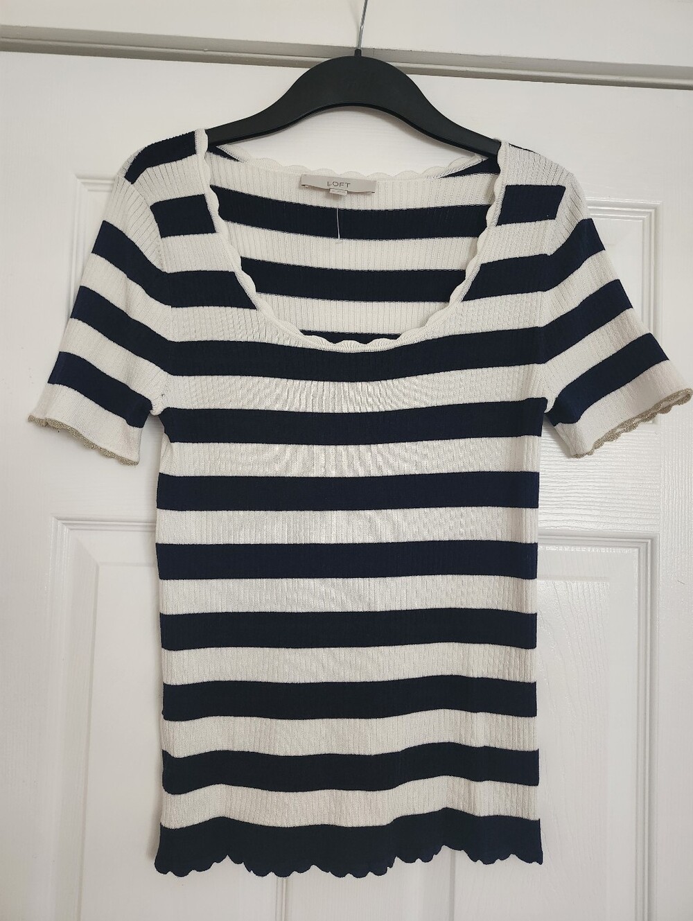 LOFT Navy and White Striped Short Sleeve Scoop Neck Top NWOT